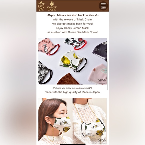 Q-Pot. Japan Kawaii Cloth Reusable Face Mask Honey Lemon & Chocolate Pattern NEW - Picture 2 of 4